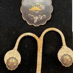 Vintage Amita Damascene Brooch and Earring Set